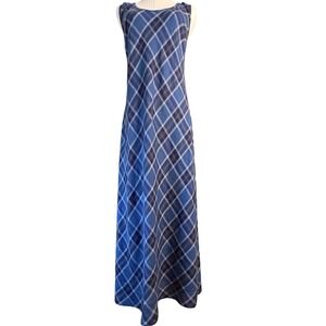 Karen Kane 100% Linen Plaid Maxi Dress XL Blue Sleeveless A-Line Y2K Coastal